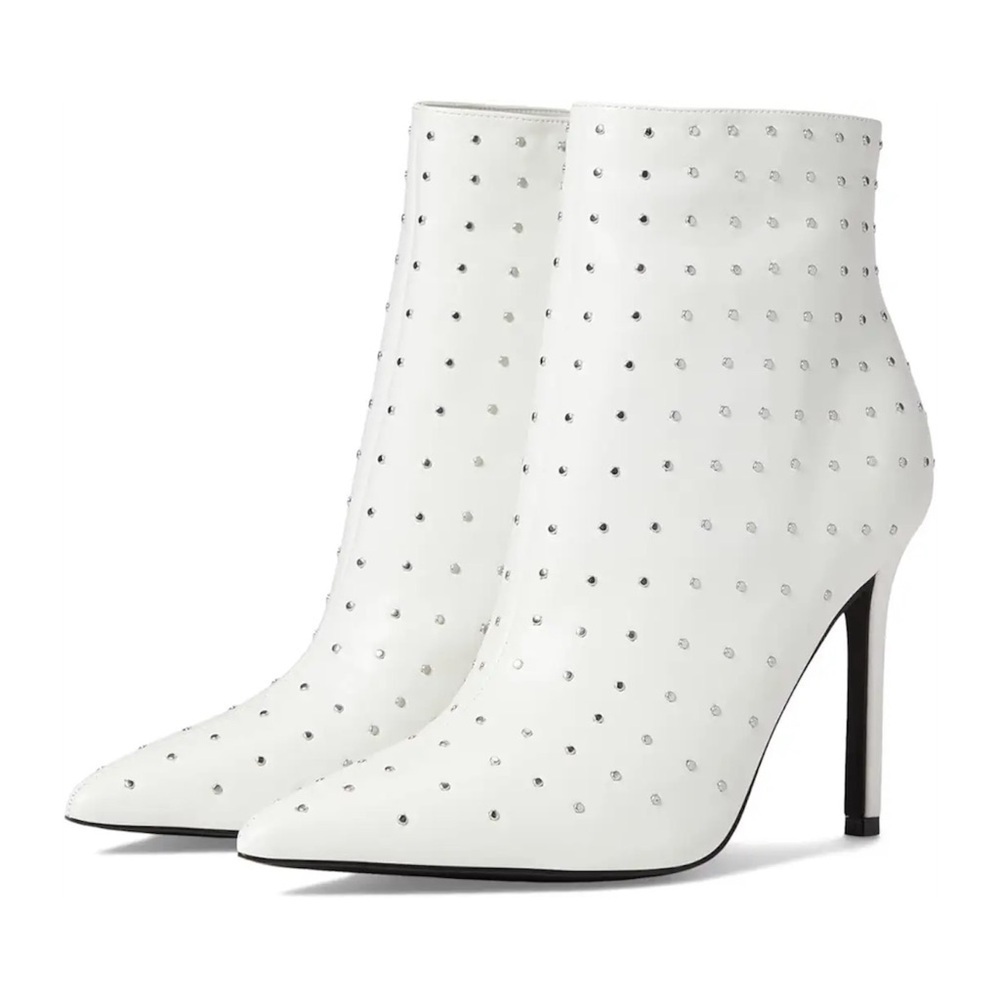 Nine West White Studded Pointed-Toe Stiletto Ankle Boots